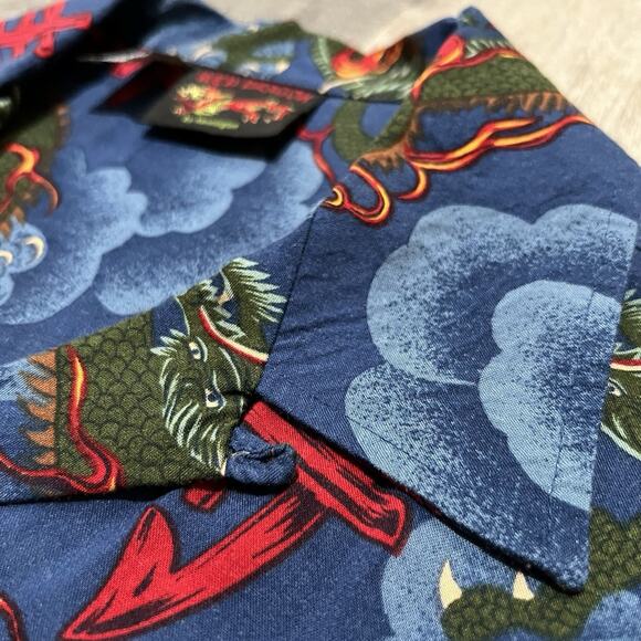VTG Red Dragon By Kennington Hawaiian Shirt Blue Woody Wagon Surf Loop Collar L - Picture 4 of 5